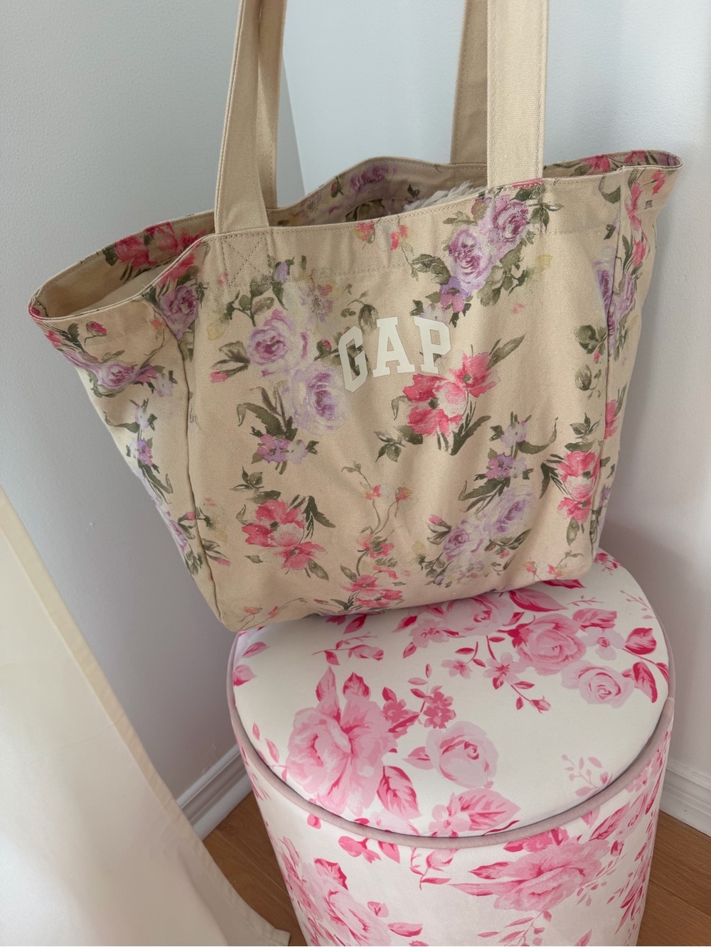 GAP Loveshackfancy Floral Canvas Tote with Pink and Purple Blooms